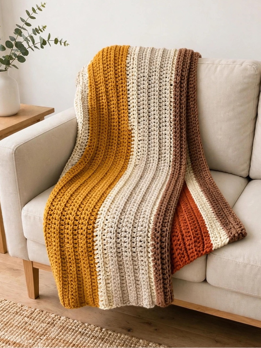 Handmade Striped Crochet Blanket Boho Retro Terracotta Tan Autumn Warm Tones